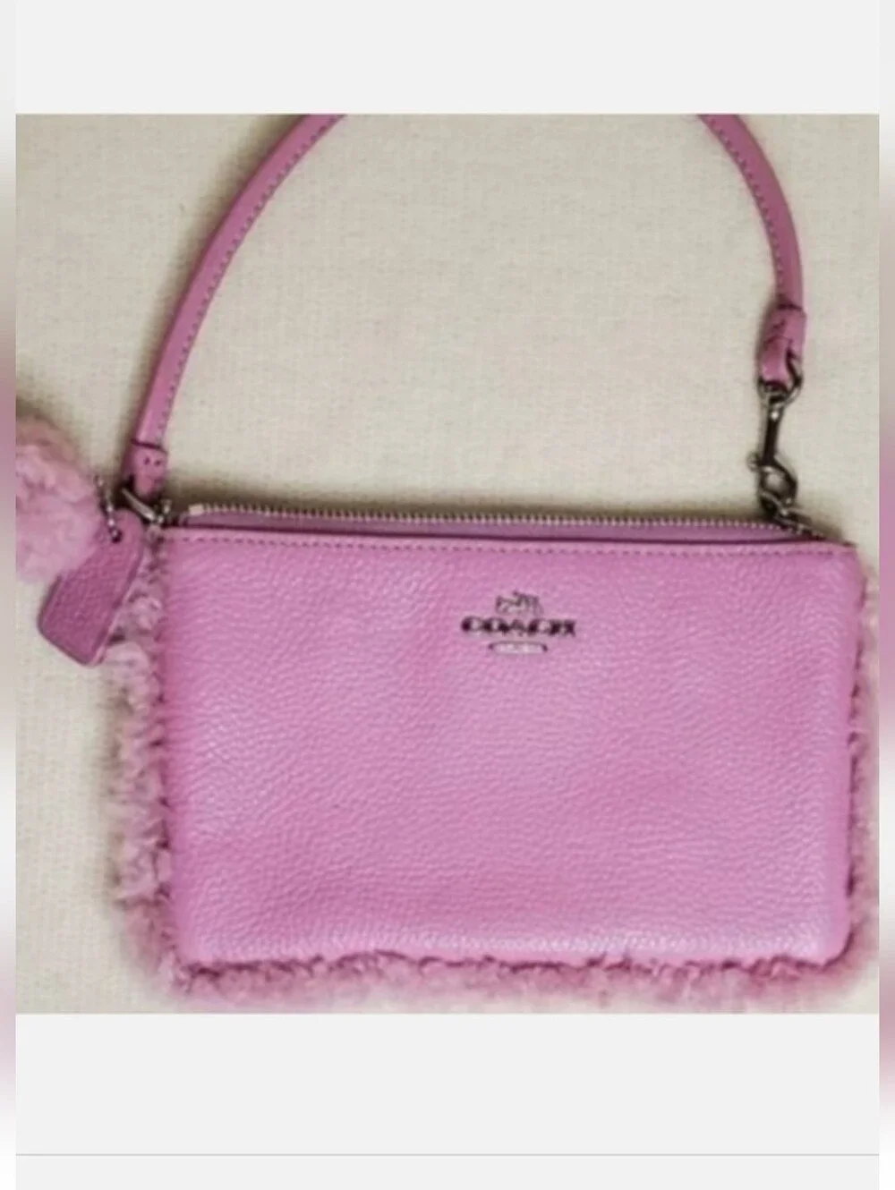 Coach Pink Genuine Leather Shearling Trim Wristlet With Pompom Hangtag